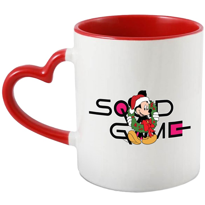 Cana Cu Mickey si Minnie, Cu Textul "Squid Game" - Design 6, Ceramica, 330ML, Cu Maner Inima Rosie si Interior Rosu