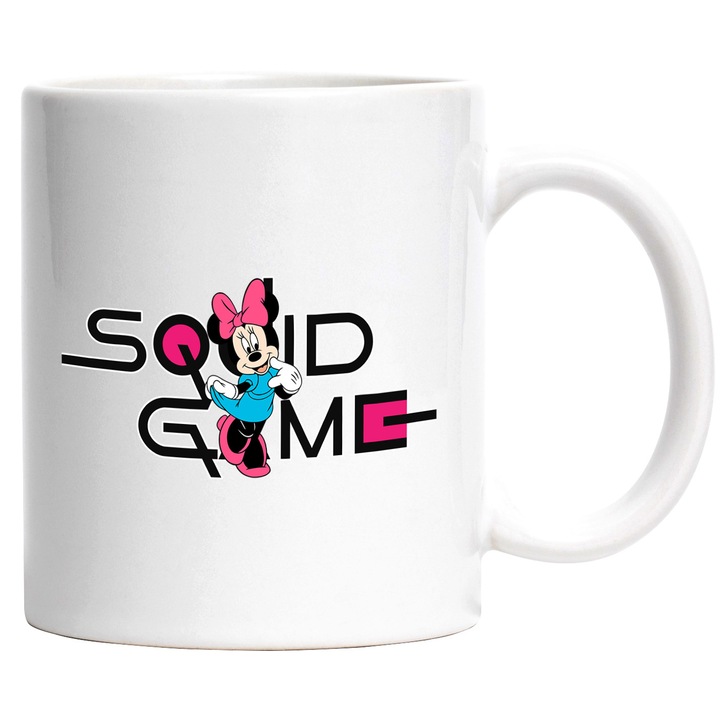 Cana Cu Mickey si Minnie, Cu Textul "Squid Game" - Design 12, Ceramica, 330ML, Cu Maner si Interior Alb