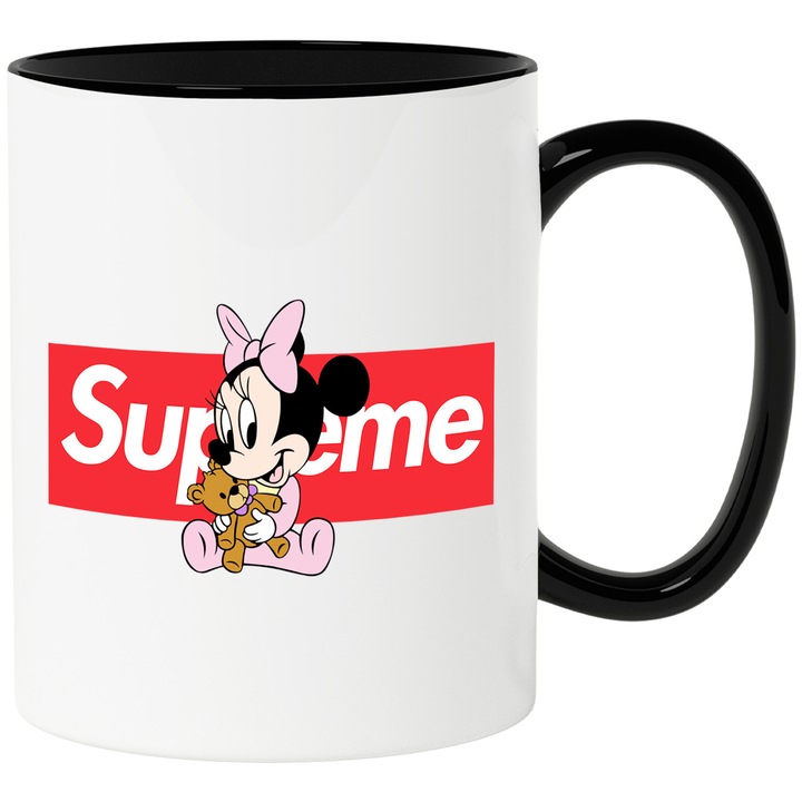 Cana Cu Mickey si Minnie, Cu Textul "Supreme" - Design 13, Ceramica, 330ML, Cu Maner si Interior Negru
