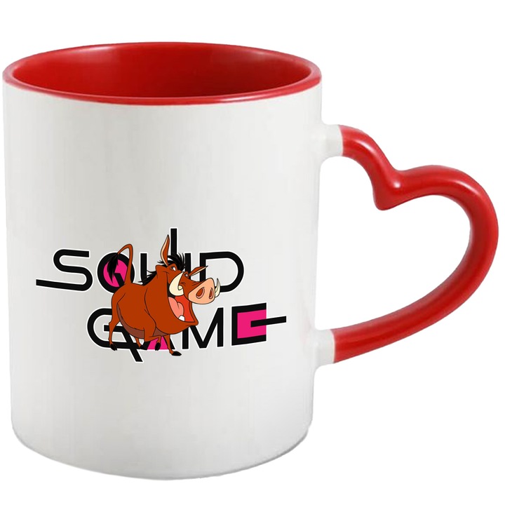 Cana Cu Timo si Pumba, Cu Textul "Squid Game" - Design 1, Ceramica, 330ML, Cu Maner Inima Rosie si Interior Rosu