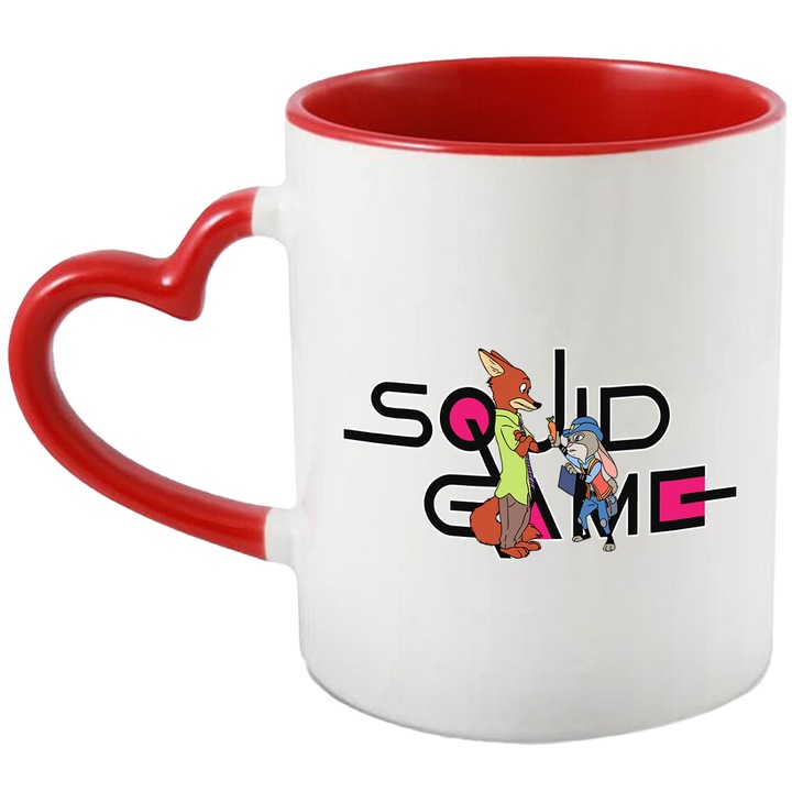 Cana Cu Zoopia, Cu Textul "Squid Game" - Design 5, Ceramica, 330ML, Cu Maner Inima Rosie si Interior Rosu