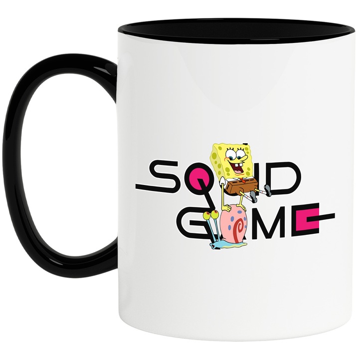 Cana Cu Spongebob, Cu Textul "Squid Game" - Design 7, Ceramica, 330ML, Cu Maner si Interior Negru