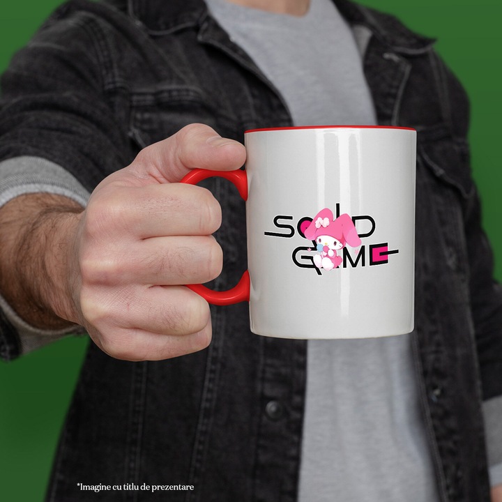 Cana Cu My melody, Cu Textul "Squid Game" - Design 7, Ceramica, 330ML, Cu Maner si Interior Rosu