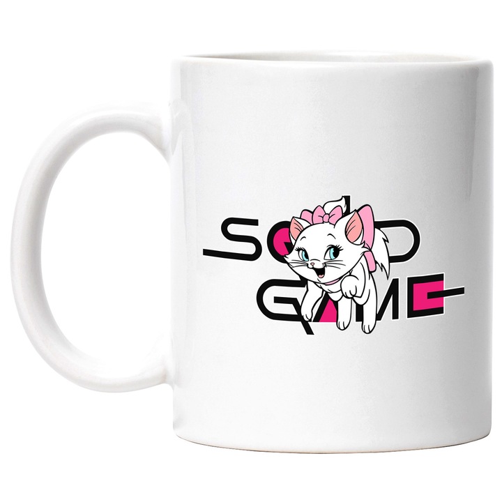 Cana Cu Pisicile Aristrocate, Cu Textul "Squid Game" - Design 11, Ceramica, 330ML, Cu Maner si Interior Alb