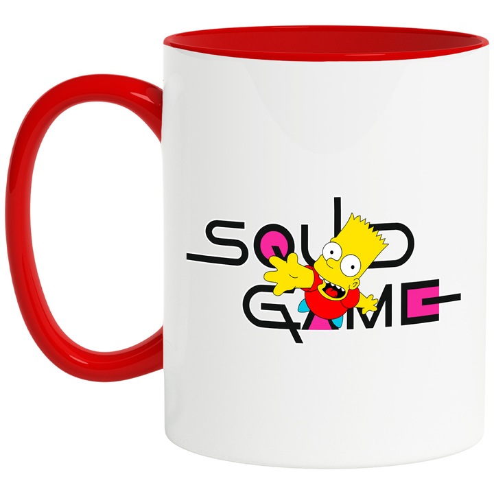 Cana Cu Simpson, Cu Textul "Squid Game" - Design 6, Ceramica, 330ML, Cu Maner si Interior Rosu