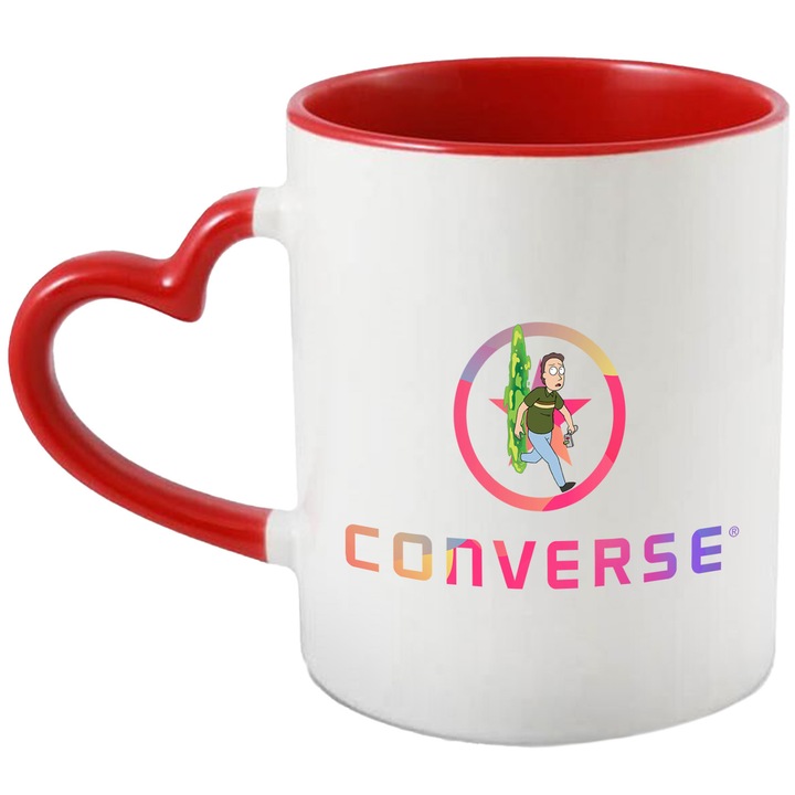 Cana Cu Rick & Morty, Cu Textul "Converse" - Design 1, Ceramica, 330ML, Cu Maner Inima Rosie si Interior Rosu