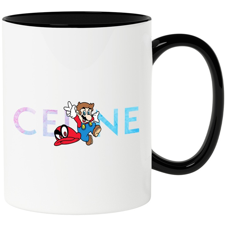 Cana Cu Mario, Cu Textul "Celine" - Design 4, Ceramica, 330ML, Cu Maner si Interior Negru