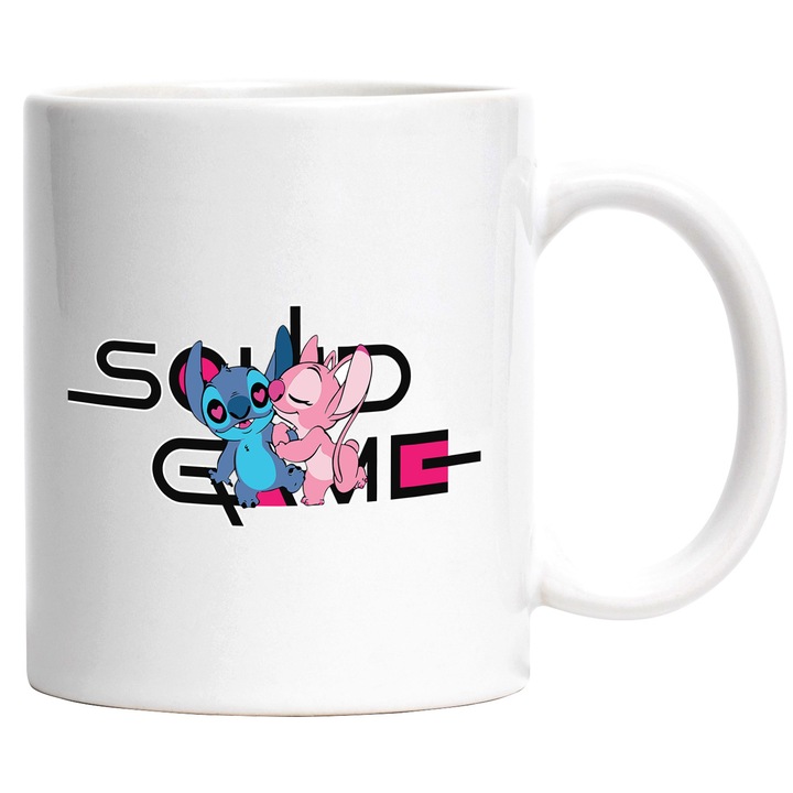 Cana Cu Stitch, Cu Textul "Squid Game" - Design 4, Ceramica, 330ML, Cu Maner si Interior Alb