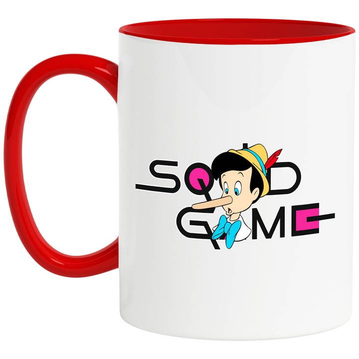 Cana Cu Pinocchio, Cu Textul "Squid Game" - Design 4, Ceramica, 330ML, Cu Maner si Interior Rosu