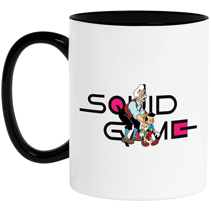 Cana Cu Pinocchio, Cu Textul "Squid Game" - Design 10, Ceramica, 330ML, Cu Maner si Interior Negru