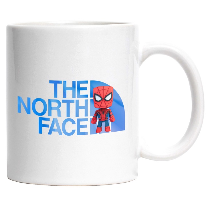 Cana Cu SpiderMan, Cu Textul "The North Face" - Design 15, Ceramica, 330ML, Cu Maner si Interior Alb