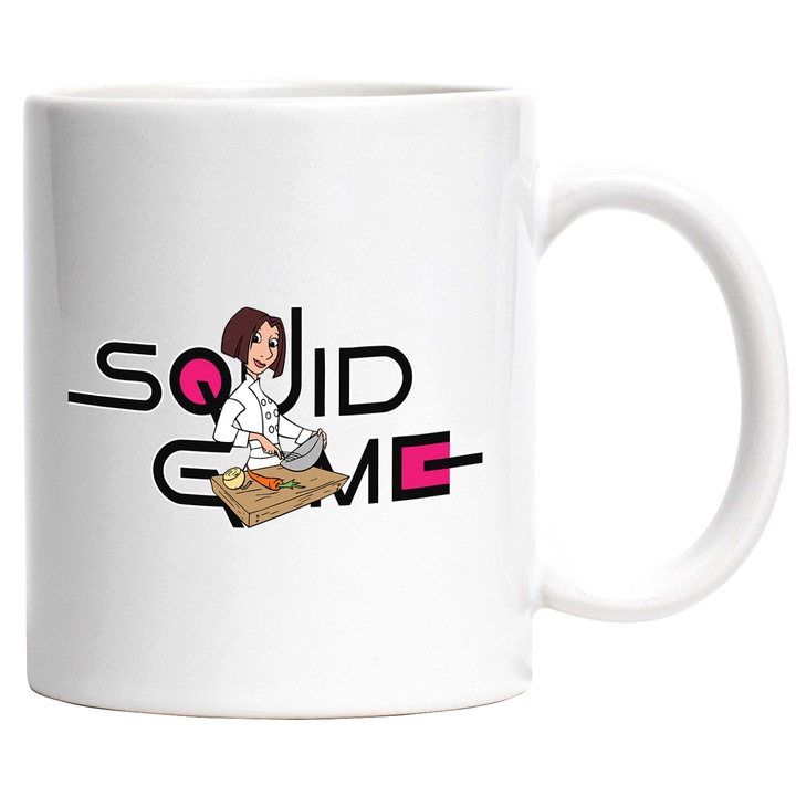 Cana Cu Ratatouille, Cu Textul "Squid Game" - Design 4, Ceramica, 330ML, Cu Maner si Interior Alb