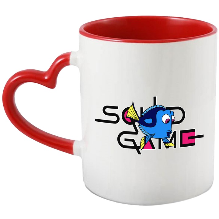 Cana Cu Nemo, Cu Textul "Squid Game" - Design 5, Ceramica, 330ML, Cu Maner Inima Rosie si Interior Rosu