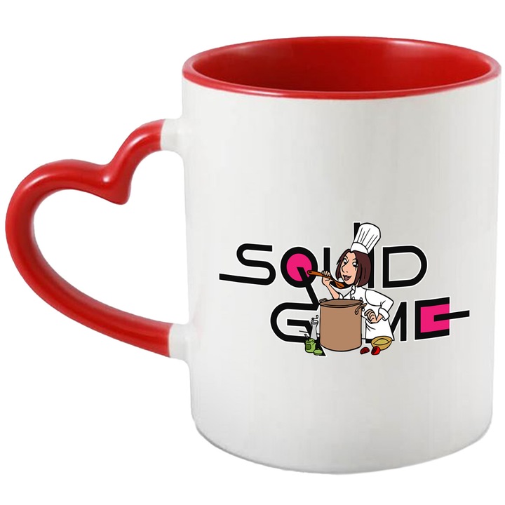 Cana Cu Ratatouille, Cu Textul "Squid Game" - Design 2, Ceramica, 330ML, Cu Maner Inima Rosie si Interior Rosu