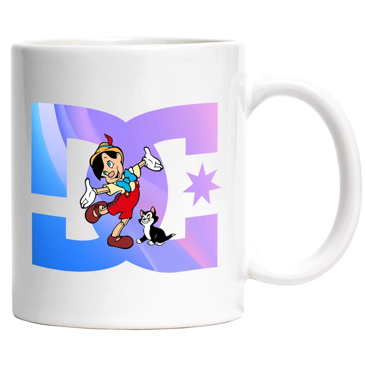 Cana Cu Pinocchio, Cu Textul "DC" - Design 3, Ceramica, 330ML, Cu Maner si Interior Alb