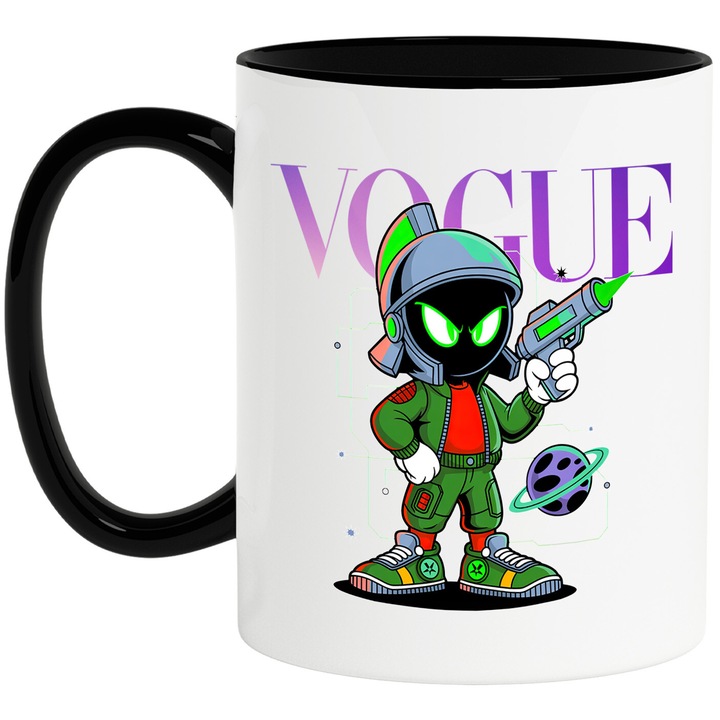 Cana Cu Marvin, Cu Textul "Vogue" - Design 1, Ceramica, 330ML, Cu Maner si Interior Negru
