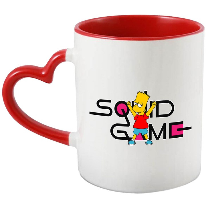 Cana Cu Simpson, Cu Textul "Squid Game" - Design 7, Ceramica, 330ML, Cu Maner Inima Rosie si Interior Rosu