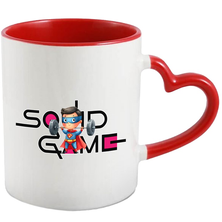 Cana Cu Superman, Cu Textul "Squid Game" - Design 6, Ceramica, 330ML, Cu Maner Inima Rosie si Interior Rosu