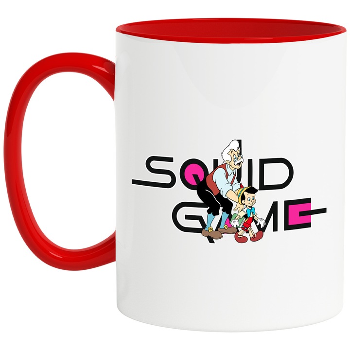Cana Cu Pinocchio, Cu Textul "Squid Game" - Design 10, Ceramica, 330ML, Cu Maner si Interior Rosu