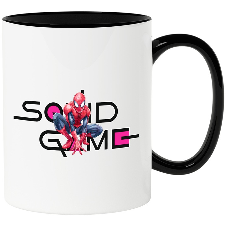 Cana Cu SpiderMan, Cu Textul "Squid Game" - Design 14, Ceramica, 330ML, Cu Maner si Interior Negru