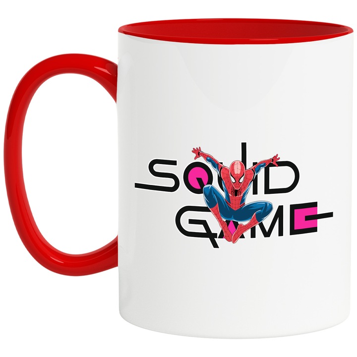 Cana Cu SpiderMan, Cu Textul "Squid Game" - Design 16, Ceramica, 330ML, Cu Maner si Interior Rosu