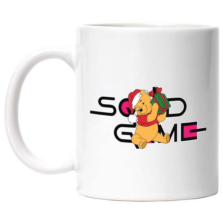 Cana Cu Winnie, Cu Textul "Squid Game" - Design 4, Ceramica, 330ML, Cu Maner si Interior Alb