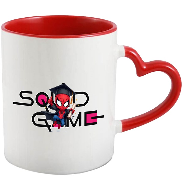 Cana Cu SpiderMan, Cu Textul "Squid Game" - Design 2, Ceramica, 330ML, Cu Maner Inima Rosie si Interior Rosu