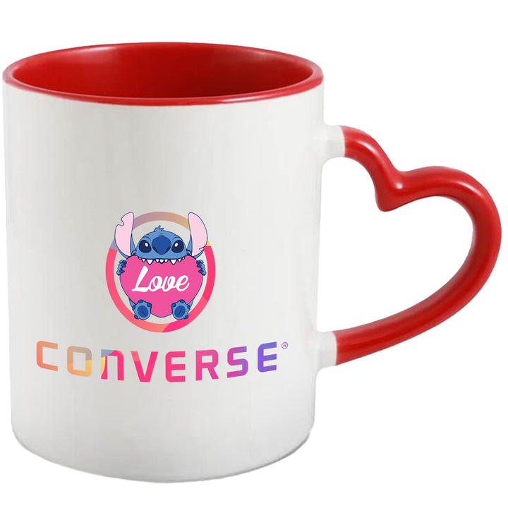 Cana Cu Stitch, Cu Textul "Converse" - Design 9, Ceramica, 330ML, Cu Maner Inima Rosie si Interior Rosu