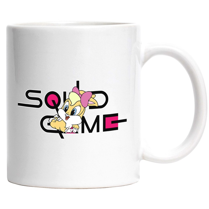 Cana Cu Looney Tunes, Cu Textul "Squid Game" - Design 8, Ceramica, 330ML, Cu Maner si Interior Alb