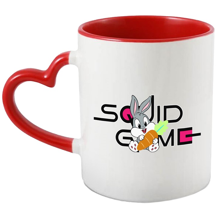 Cana Cu Looney Tunes, Cu Textul "Squid Game" - Design 11, Ceramica, 330ML, Cu Maner Inima Rosie si Interior Rosu