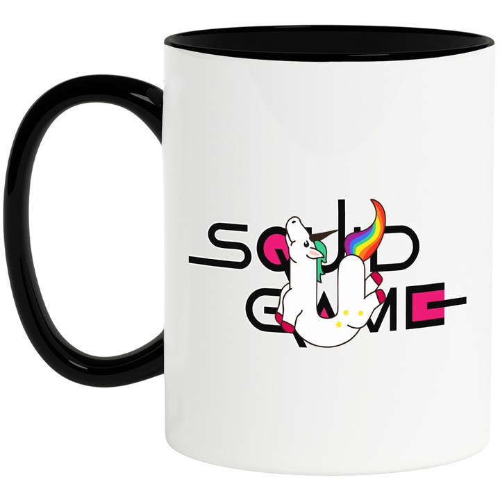 Cana Cu Unicorn, Cu Textul "Squid Game" - Design 1, Ceramica, 330ML, Cu Maner si Interior Negru