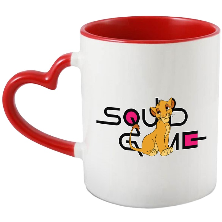 Cana Cu Lion King, Cu Textul "Squid Game" - Design 9, Ceramica, 330ML, Cu Maner Inima Rosie si Interior Rosu