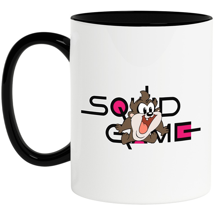 Cana Cu Looney Tunes, Cu Textul "Squid Game" - Design 6, Ceramica, 330ML, Cu Maner si Interior Negru
