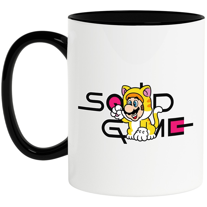 Cana Cu Mario, Cu Textul "Squid Game" - Design 3, Ceramica, 330ML, Cu Maner si Interior Negru