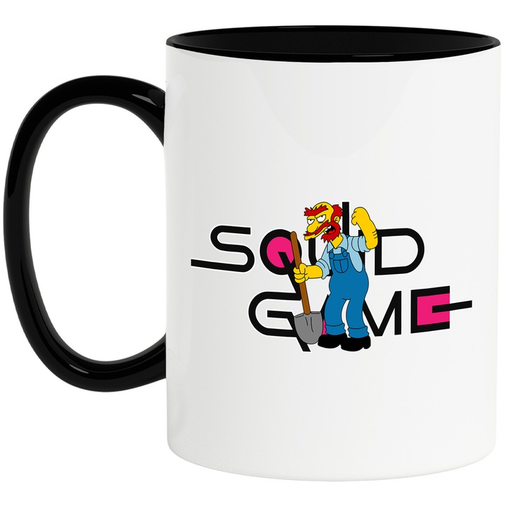 Cana Cu Simpson, Cu Textul "Squid Game" - Design 3, Ceramica, 330ML, Cu Maner si Interior Negru