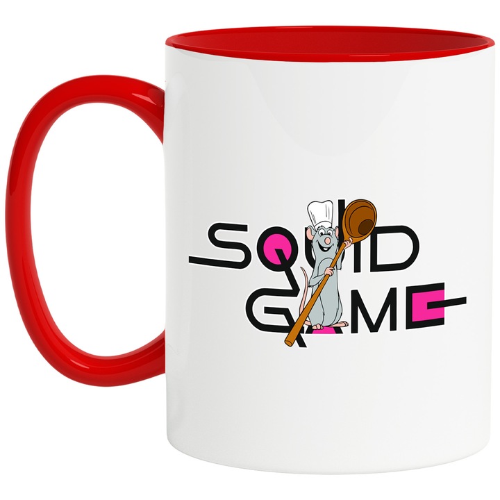 Cana Cu Ratatouille, Cu Textul "Squid Game" - Design 13, Ceramica, 330ML, Cu Maner si Interior Rosu