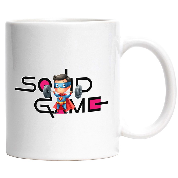 Cana Cu Superman, Cu Textul "Squid Game" - Design 6, Ceramica, 330ML, Cu Maner si Interior Alb
