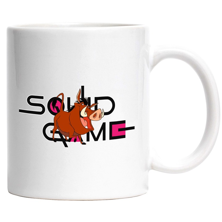 Cana Cu Timo si Pumba, Cu Textul "Squid Game" - Design 1, Ceramica, 330ML, Cu Maner si Interior Alb