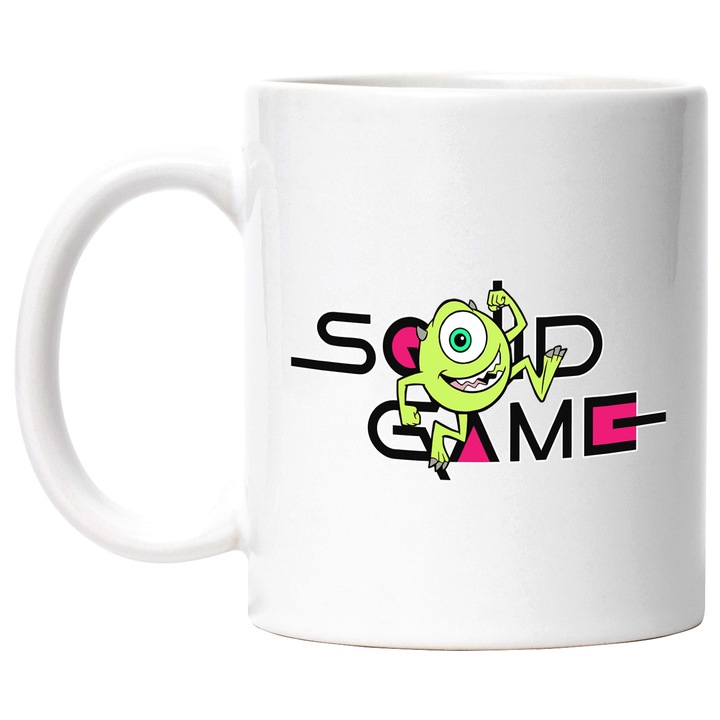 Cana Cu Monsters Inc, Cu Textul "Squid Game" - Design 3, Ceramica, 330ML, Cu Maner si Interior Alb