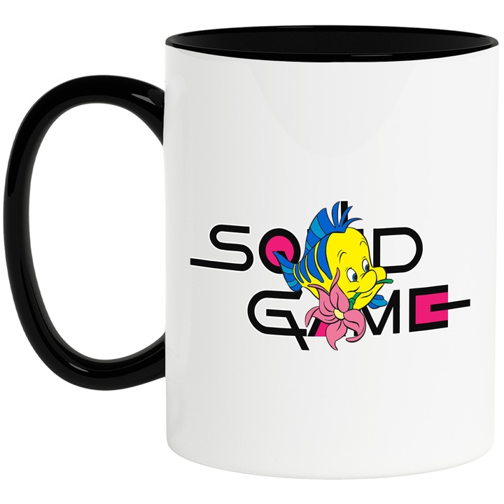 Cana Cu Nemo, Cu Textul "Squid Game" - Design 2, Ceramica, 330ML, Cu Maner si Interior Negru