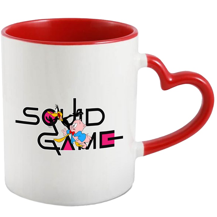 Cana Cu Looney Tunes, Cu Textul "Squid Game" - Design 3, Ceramica, 330ML, Cu Maner Inima Rosie si Interior Rosu