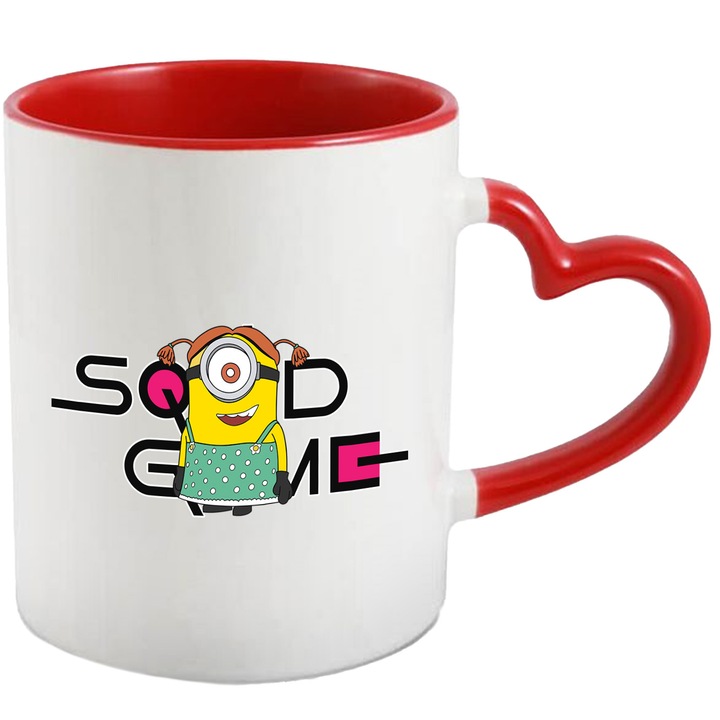 Cana Cu Minion, Cu Textul "Squid Game" - Design 1, Ceramica, 330ML, Cu Maner Inima Rosie si Interior Rosu