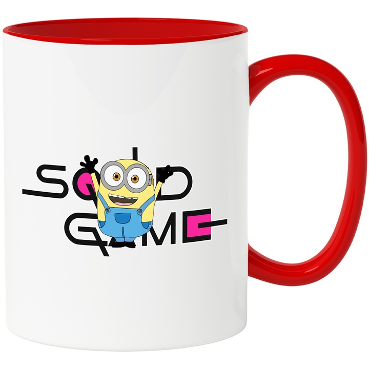Cana Cu Minion, Cu Textul "Squid Game" - Design 4, Ceramica, 330ML, Cu Maner si Interior Rosu