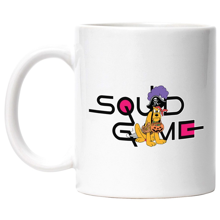 Cana Cu Pluto, Cu Textul "Squid Game" - Design 4, Ceramica, 330ML, Cu Maner si Interior Alb