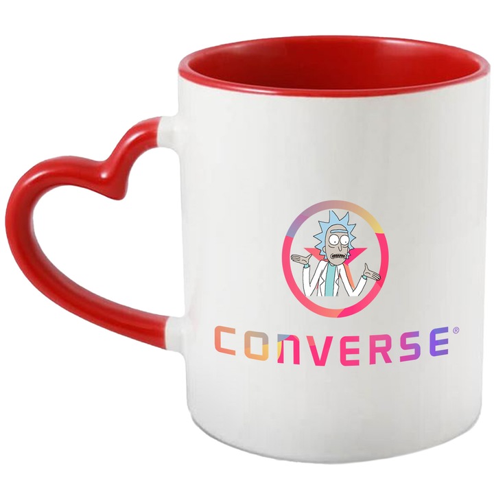 Cana Cu Rick & Morty, Cu Textul "Converse" - Design 9, Ceramica, 330ML, Cu Maner Inima Rosie si Interior Rosu