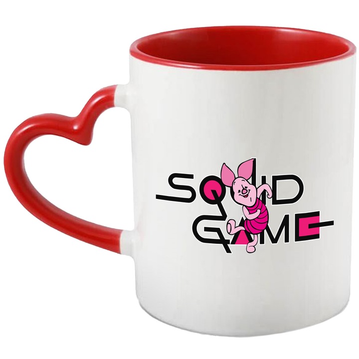 Cana Cu Piglet, Cu Textul "Squid Game" - Design 1, Ceramica, 330ML, Cu Maner Inima Rosie si Interior Rosu