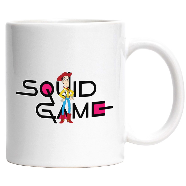 Cana Cu Toy Story, Cu Textul "Squid Game" - Design 4, Ceramica, 330ML, Cu Maner si Interior Alb