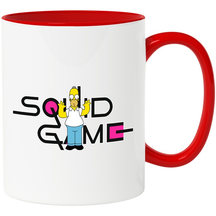 Cana Cu Simpson, Cu Textul "Squid Game" - Design 4, Ceramica, 330ML, Cu Maner si Interior Rosu
