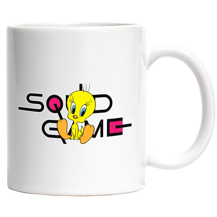Cana Cu Tweety, Cu Textul "Squid Game" - Design 3, Ceramica, 330ML, Cu Maner si Interior Alb