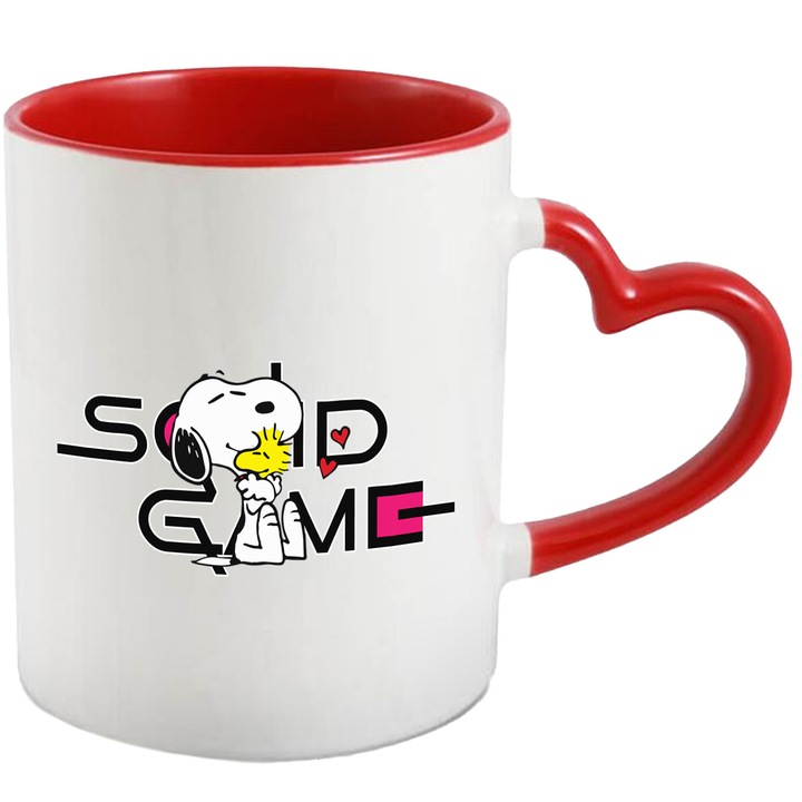 Cana Cu Snoopy, Cu Textul "Squid Game" - Design 5, Ceramica, 330ML, Cu Maner Inima Rosie si Interior Rosu